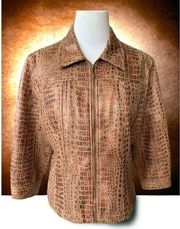 Ruby Rd Faux Alligator Skin full zip lined quarter sleeve brown jacket 16