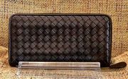 BOTTEGA VENETA Brown Intrecciato Weave Lambskin Full Zip Long Wallet Clutch