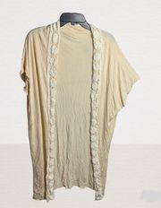 Long Tan Cream Cardigan w Lace Edges Wm One Size