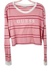 Y2K Guess Top Los Angeles Pink Striped Cropped Long Sleeve T-Shirt