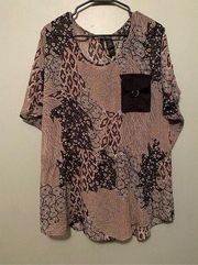 Bisou Bisou Abstract Short Sleeve Fitted Waist Pocket Blouse Size XL