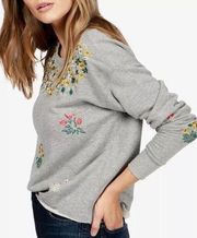 Lucky Brand Embroidered Floral Sweatshirt Womens XS Raw Hem Grey Top Crewneck