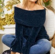 LC Lauren Conrad Blue Chenille Knit Off Shoulder Bell Sleeve Sweater Size L