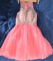 Aspeed Designer Coral Pink Rhinestone Sheer Top Mini Party Dress Prom Homecoming