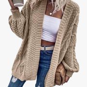 Khaki Oversized Open Front Cable Knit Lantern Sleeve Chunky Cardigan