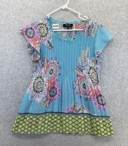 Melissa Paige Women's Blouse Pullover Size Large Petite Blue Floral Pleated