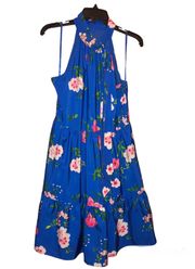 Floral Halter High Neck Sleeveless Tiered Dress Blue Pink 8