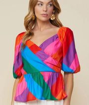 Skies are Blue Colorful Geometic Puff Sleeve Top