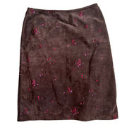 Adorable Vintage Sz 8 Embroidered Leather Suede Skirt Brown Red Pink Floral