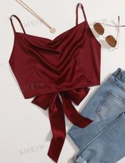 Red Satin Cowl Neck Crop Top