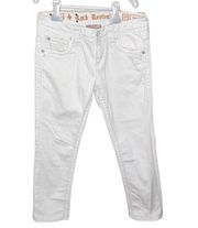 Rock Revival white Sundee Easy Crop jeans with silver tone fleur de lis sz 26