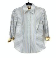J. McLaughlin Women's Size 0 Blue Button Up Shirt Striped Collared Flip Cuff