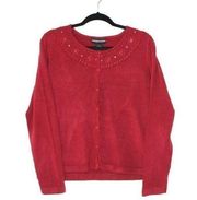 Red Beaded Cropped Cardigan Sweater Size Large