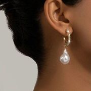 Pearl Drop Earrings Gold Tone Hoops Faux Diamonds Pearlcore