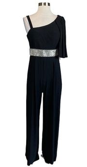 R&M Richards Women's Jumpsuit Size 10 Black Beaded One-Shoulder Wide Leg Pant