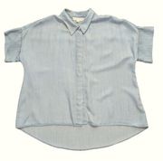 4/$15 LOVESTITCH CHAMBRAY HIDDEN BUTTON DOWN, DROP SLEEVE, HIGH LOW HEM TOP SZ L