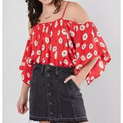 Billabong Red Floral Off The Shoulder Blouse Top Size Small