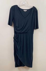 Bordeaux Jersey Knit Ruched Faux Wrap Black Dress