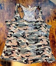 BODY CENTRAL | ladies embellished cross camouflage tank top. Size: L.