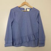 Anthropologie Maeve Ramona Gingham Ruffle Blouse Blue Asymmetrical Cotton Size M