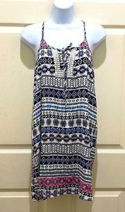 Timing Blue & White Aztec Spaghetti Strap Boho Mini Dress