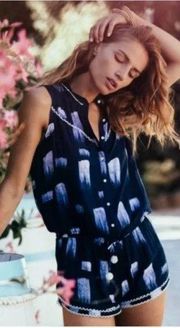 Poupette St. Barth Joe Short Printed Jumpsuit Romper Navy White Brush Medium