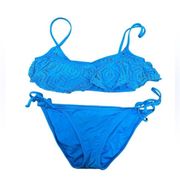 BECCA Virtue Blue Lace crochet Flounce Swimsuit Bikini, Medium