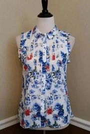 NEW Lace & Mesh Modcloth Ivory & Blue Floral Button Down Sleeveless Top Medium