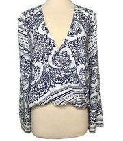 Blue Life Surplice Bell Sleeve Top Blue White Size XS NWOT