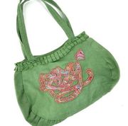 Roxy Y2K Beaded Corduroy Canvas Ruffle Spell Out Paisley Purse bag green VTG