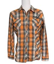 Harley-Davidson Motor Clothes Orange Plaid Rhinestone Buttons Long Sleeve Shirt Size Medium 