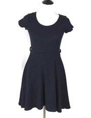 Gracia Womens Navy Blue Skater Dress Knit Belted Swing Short Sleeve Size Small