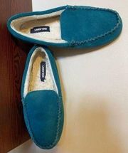 Land’s End Suede Shearling Moccasins Teal Size 9