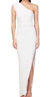 Veda White All Sequin Gown Sz M One Shoulder High Side Slit Wedding NEW