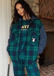 NWT  By PacSun Plaid Oversized Drawstring Hoodie Green & Blue Jacket