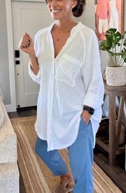 Pool To Party Cover Up White Size Large Button Up Tunic Oversized Fray Hem