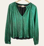 Saylor Emerald Green Metallic Long Sleeve Split V-Neck Blouse