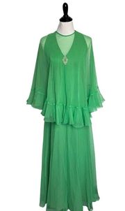 Vintage 1970s Green Dan Lee Dress and Chiffon Cape Set Small