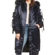 Lost Ink Satin Faux Fur Parka Jacket Size Small NWT