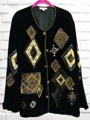 Vintage Dressbarn Women 2XL Button Up Black Crushed Corduroy Coat • Patchwork