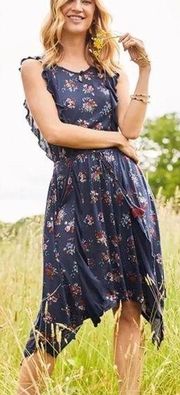 Matilda Jane Woodland Sprite Navy Blue Floral Ruffle Dress Flowy Shark bite M