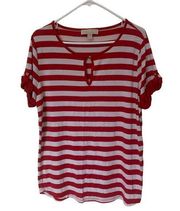 Womens Red White Striped Scoop Neck Blouse Size XL