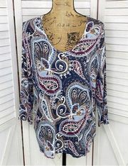 Roz & Ali Paisley Knit Pullover Sweater Top Blue Multi XL