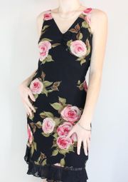 Vintage VTG Y2K Black & Pink Spring Summer Floral Fairy Grunge Midi Dress