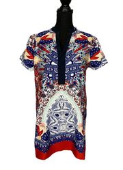 Alberto Makali Blue Red Boho Print Shift Dress LARGE Short Sleeve Designer Silky