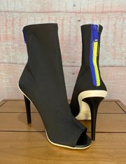 Womens Ankle Sock Bootie Open Toe High Heeled Fabric Back Zip Black Size 7