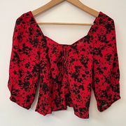 Floral Off Shoulder Puff Sleeve Crop Bow Tie Front Shirt - Size Large