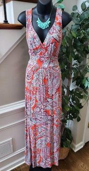 Loveappella Women Floral Rayon V-Neck Sleeveless Casual Long Maxi Dress Size LP