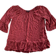 Cable & Gauge Shirt Womens Medium Red Round Neck Tiered Hem Bell Sleeve Viscose