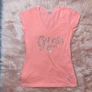Guess Y2K Light Pink V Neck Fitted Short Sleeve T Shirt Woman’s Large